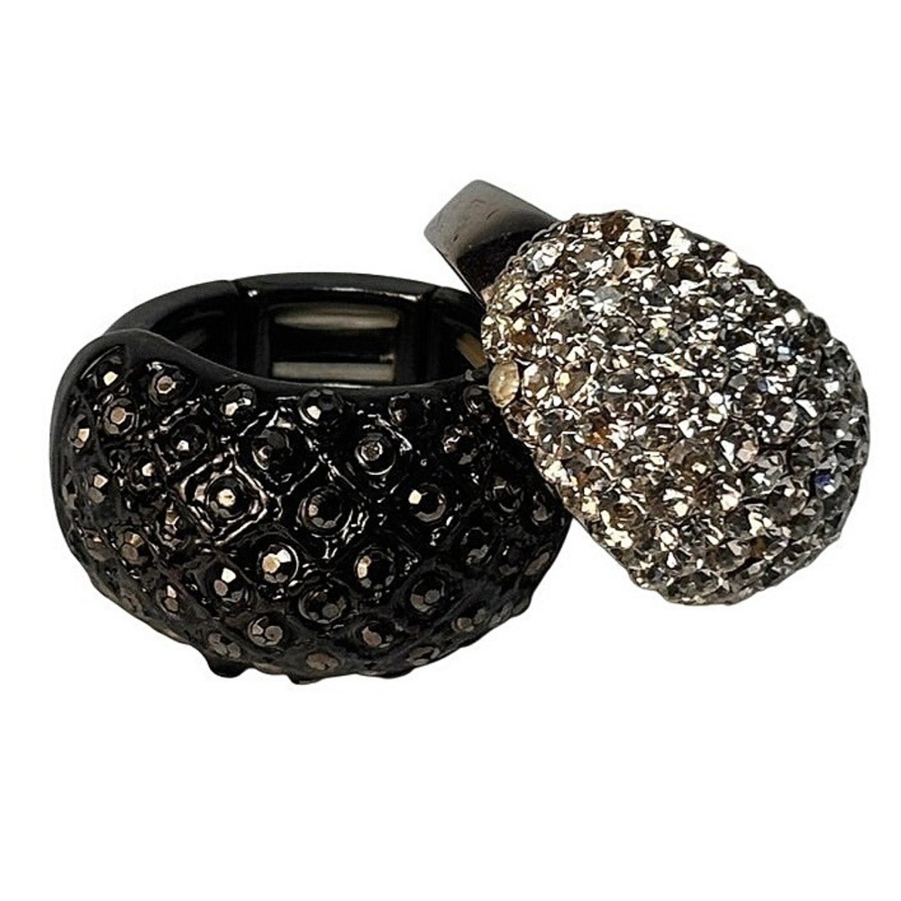 Rings Silver Black Pave Crystal Domed Statement Cocktail Set of 2 Goth Glam